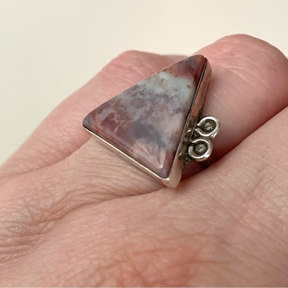 Vintage stamped sterling silver & polished stone triangle ring sz 7-7.25 - Picture 4 of 16